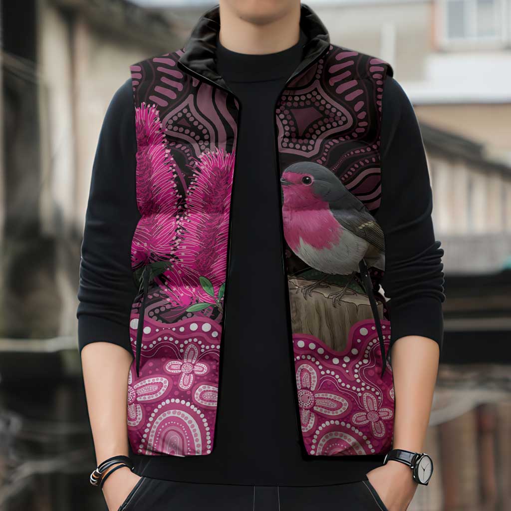 Australia Indigenous Sleeveless Puffer Jacket Breast Cancer Pink Robin Bottlebrush Aboriginal Art - Aussie Hoodie