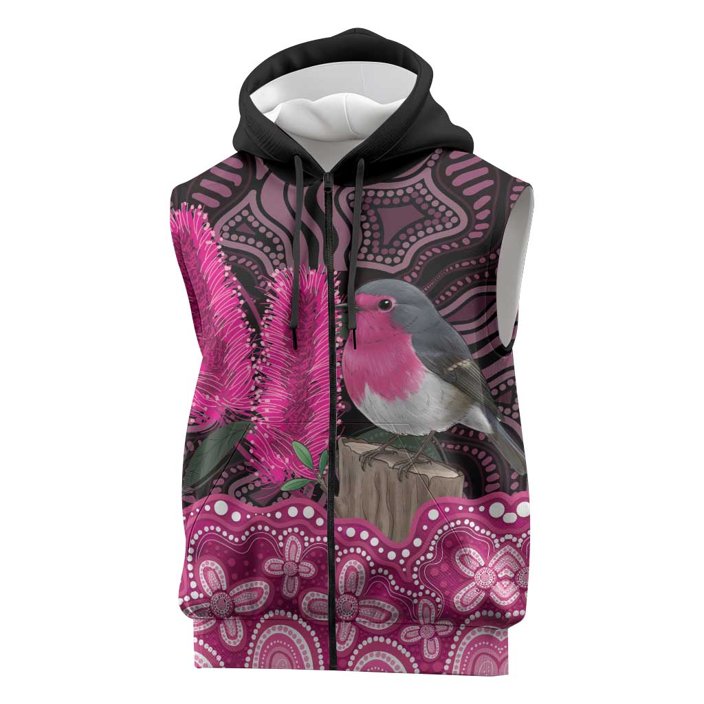 Australia Indigenous Sleeveless Zip Hoodie Breast Cancer Pink Robin Bottlebrush Aboriginal Art LT14