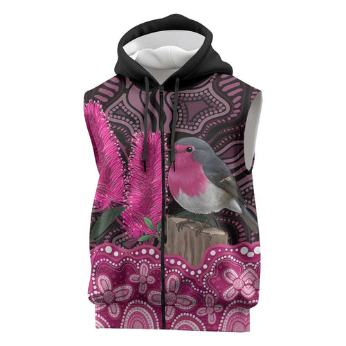 Australia Indigenous Sleeveless Zip Hoodie Breast Cancer Pink Robin Bottlebrush Aboriginal Art LT14
