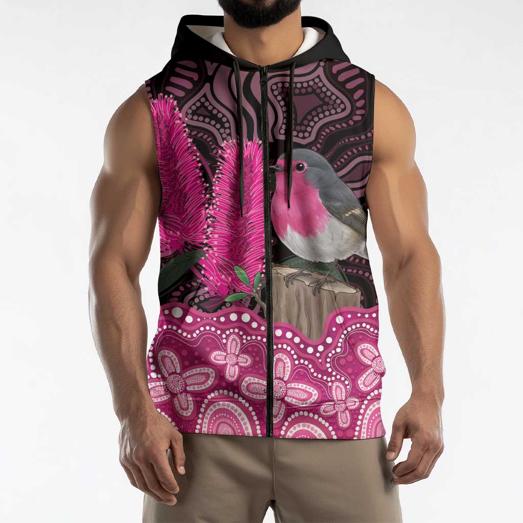 Australia Indigenous Sleeveless Zip Hoodie Breast Cancer Pink Robin Bottlebrush Aboriginal Art LT14