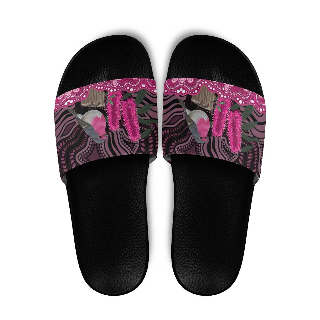 Australia Indigenous Slide Sandals Breast Cancer Pink Robin Bottlebrush Aboriginal Art - Aussie Hoodie