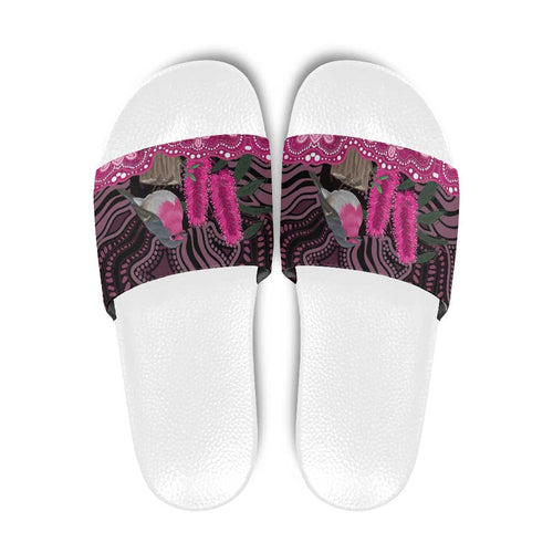 Australia Indigenous Slide Sandals Breast Cancer Pink Robin Bottlebrush Aboriginal Art - Aussie Hoodie