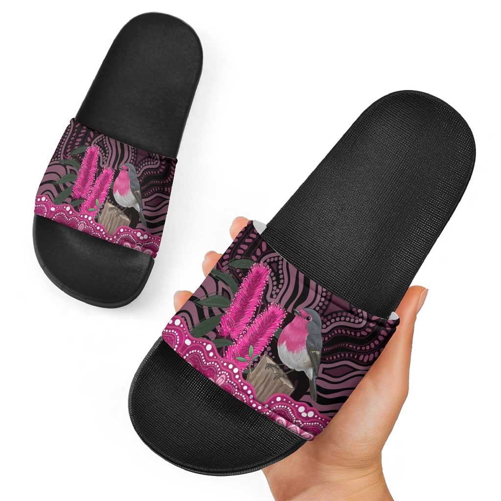 Australia Indigenous Slide Sandals Breast Cancer Pink Robin Bottlebrush Aboriginal Art - Aussie Hoodie