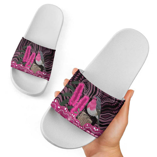 Australia Indigenous Slide Sandals Breast Cancer Pink Robin Bottlebrush Aboriginal Art - Aussie Hoodie