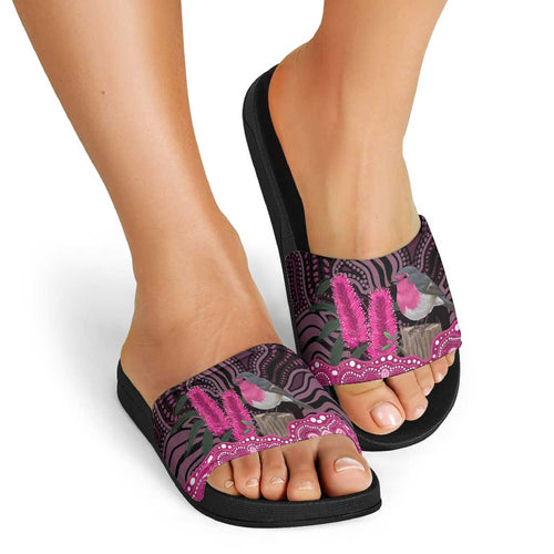 Australia Indigenous Slide Sandals Breast Cancer Pink Robin Bottlebrush Aboriginal Art - Aussie Hoodie