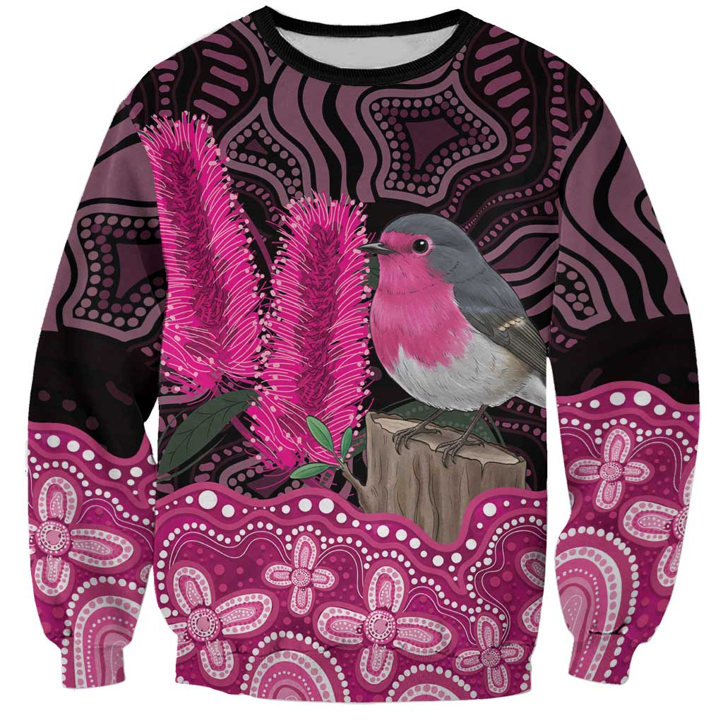 Australia Indigenous Sweatshirt Breast Cancer Pink Robin Bottlebrush Aboriginal Art - Aussie Hoodie