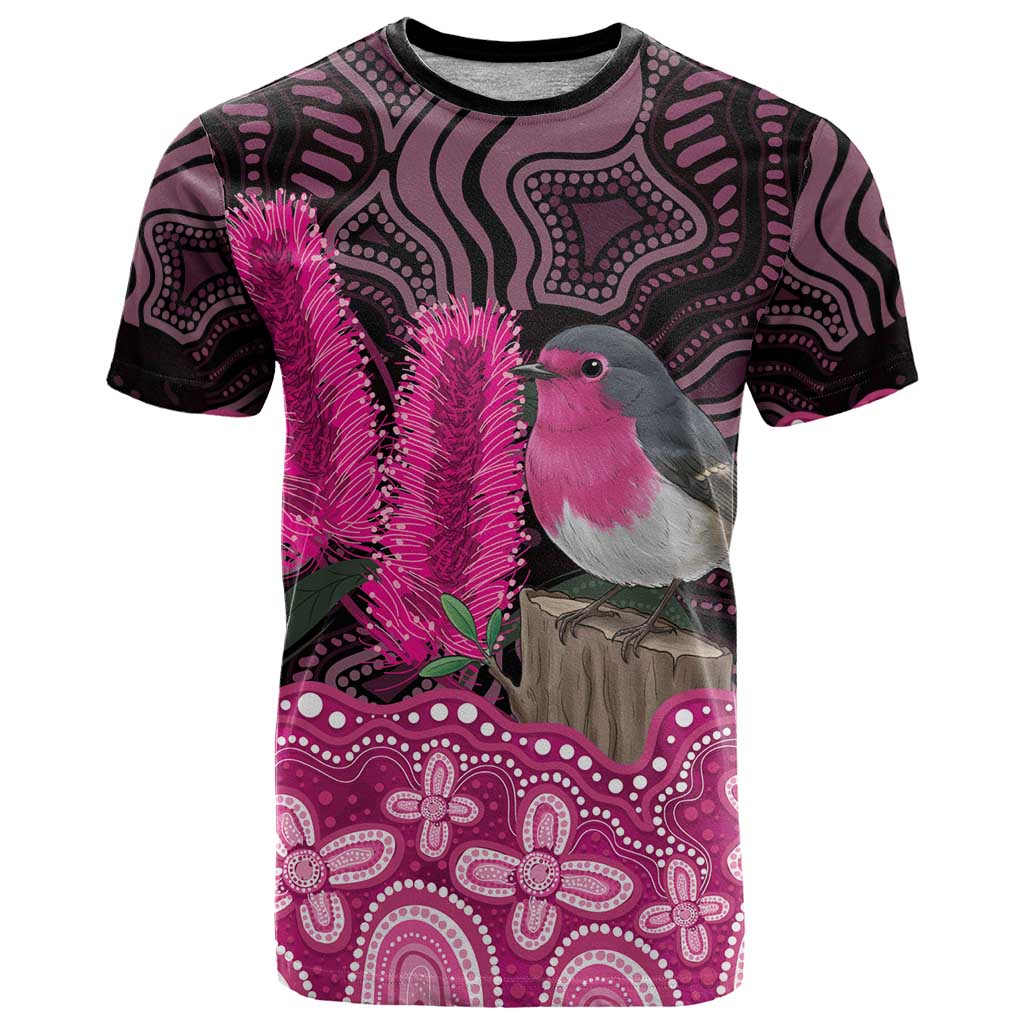 Australia Indigenous T Shirt Breast Cancer Pink Robin Bottlebrush Aboriginal Art - Aussie Hoodie