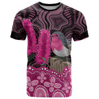 Australia Indigenous T Shirt Breast Cancer Pink Robin Bottlebrush Aboriginal Art - Aussie Hoodie