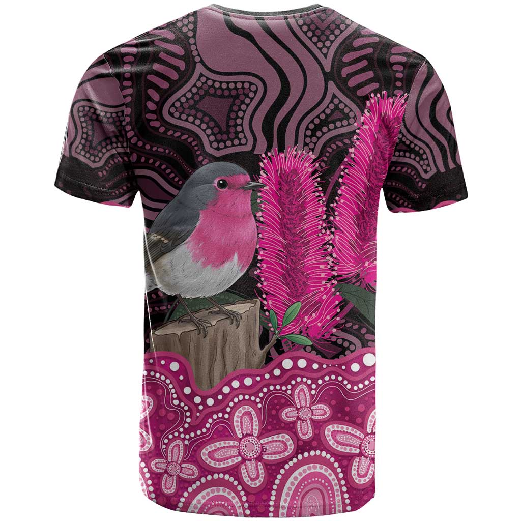 Australia Indigenous T Shirt Breast Cancer Pink Robin Bottlebrush Aboriginal Art - Aussie Hoodie