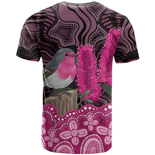 Australia Indigenous T Shirt Breast Cancer Pink Robin Bottlebrush Aboriginal Art - Aussie Hoodie