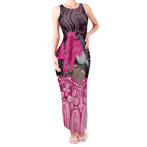 Australia Indigenous Tank Maxi Dress Breast Cancer Pink Robin Bottlebrush Aboriginal Art - Aussie Hoodie