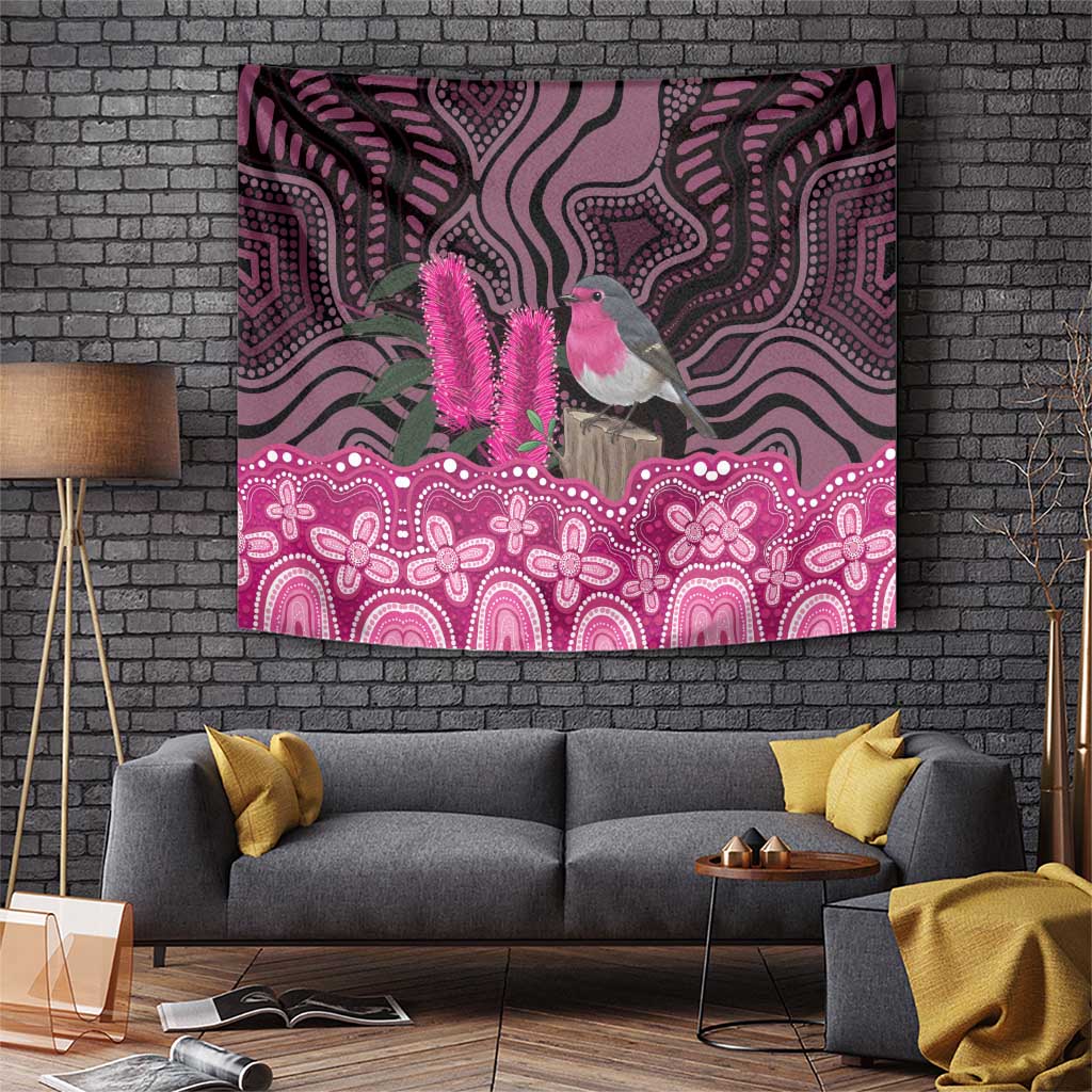Australia Indigenous Tapestry Breast Cancer Pink Robin Bottlebrush Aboriginal Art - Aussie Hoodie