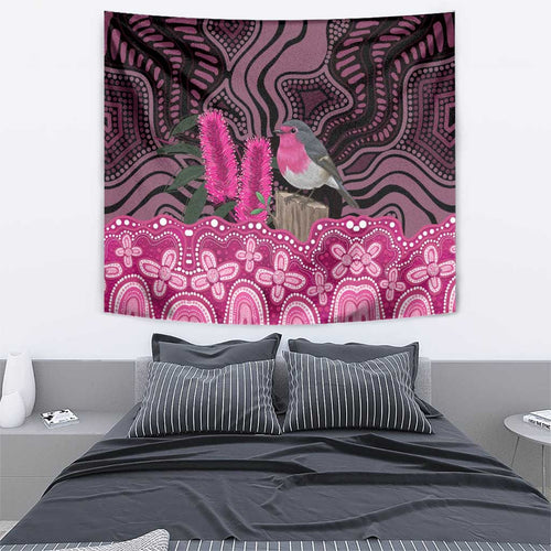 Australia Indigenous Tapestry Breast Cancer Pink Robin Bottlebrush Aboriginal Art - Aussie Hoodie