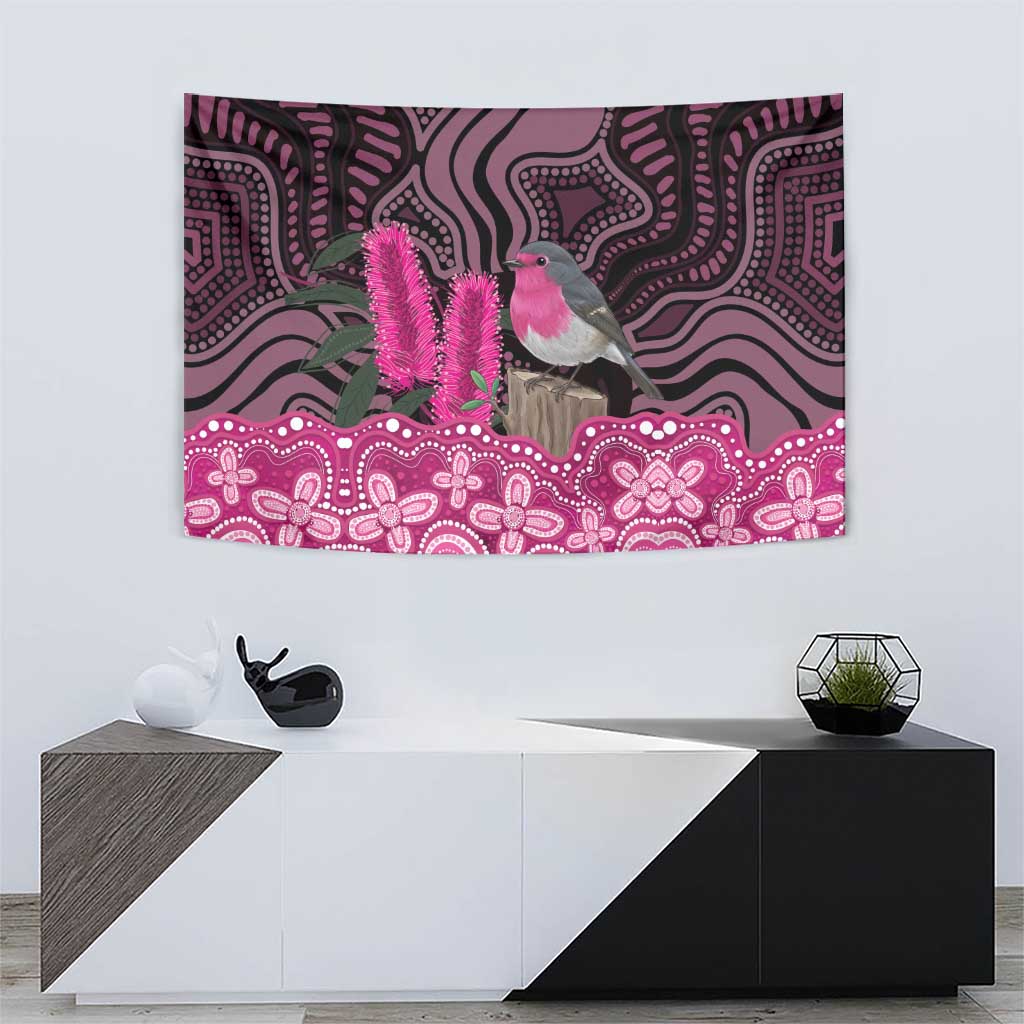 Australia Indigenous Tapestry Breast Cancer Pink Robin Bottlebrush Aboriginal Art - Aussie Hoodie