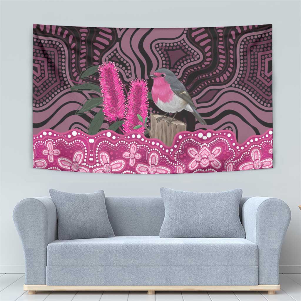 Australia Indigenous Tapestry Breast Cancer Pink Robin Bottlebrush Aboriginal Art - Aussie Hoodie