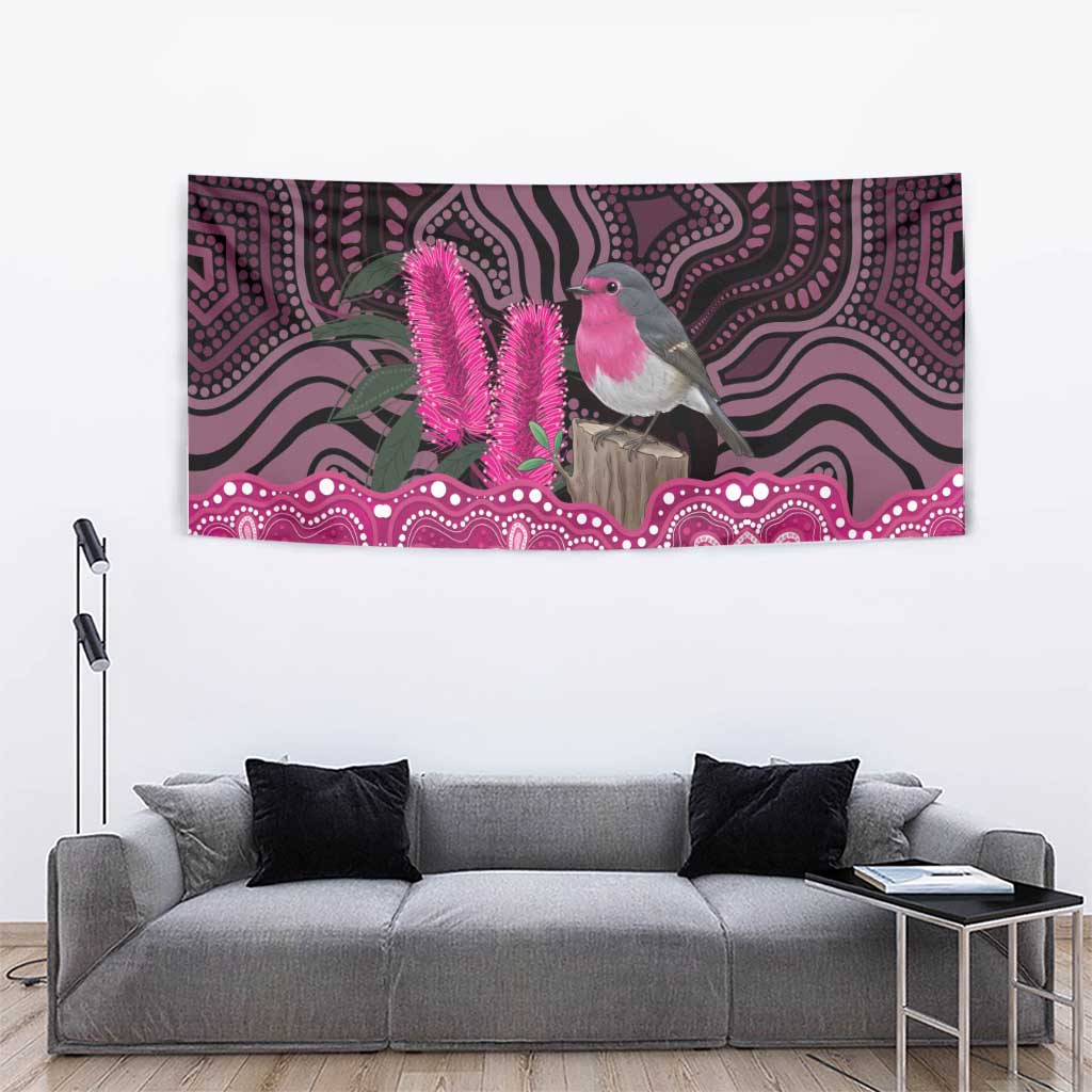 Australia Indigenous Tapestry Breast Cancer Pink Robin Bottlebrush Aboriginal Art - Aussie Hoodie