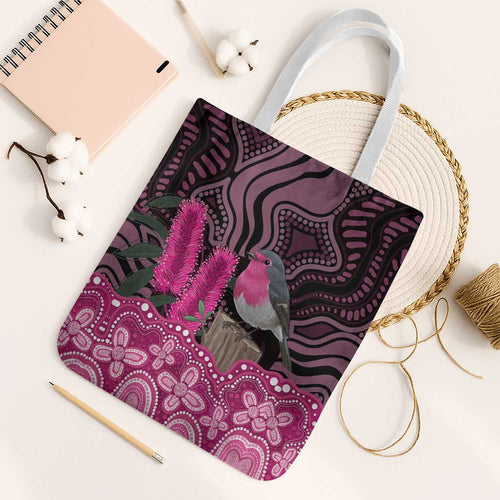 Australia Indigenous Tote Bag Breast Cancer Pink Robin Bottlebrush Aboriginal Art - Aussie Hoodie
