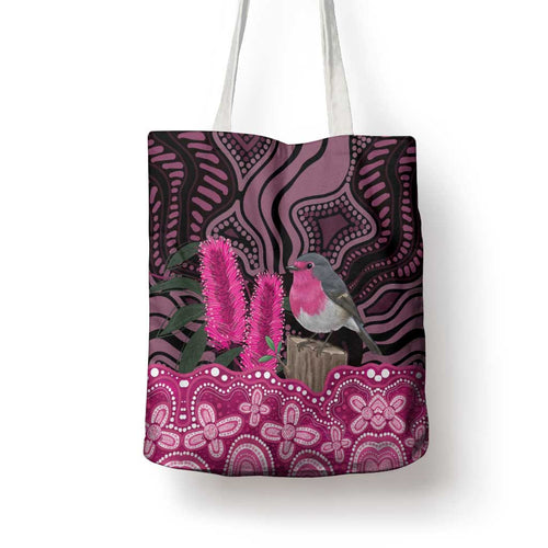 Australia Indigenous Tote Bag Breast Cancer Pink Robin Bottlebrush Aboriginal Art - Aussie Hoodie