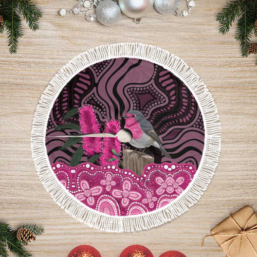 Australia Indigenous Tree Skirt Breast Cancer Pink Robin Bottlebrush Aboriginal Art - Aussie Hoodie
