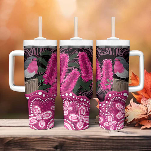 Australia Indigenous Tumbler With Handle Breast Cancer Pink Robin Bottlebrush Aboriginal Art - Aussie Hoodie