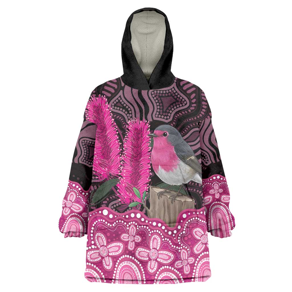 Australia Indigenous Wearable Blanket Hoodie Breast Cancer Pink Robin Bottlebrush Aboriginal Art - Aussie Hoodie