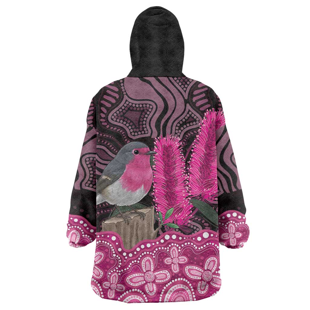 Australia Indigenous Wearable Blanket Hoodie Breast Cancer Pink Robin Bottlebrush Aboriginal Art - Aussie Hoodie