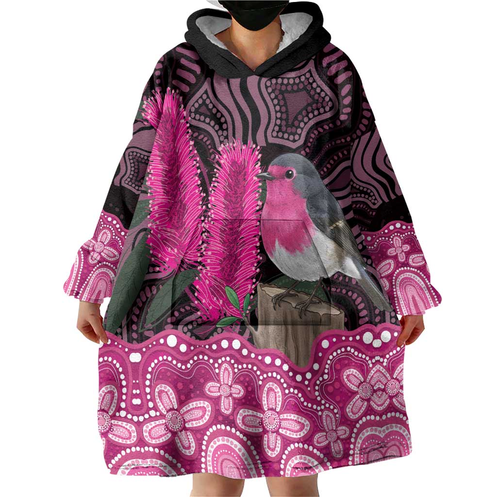 Australia Indigenous Wearable Blanket Hoodie Breast Cancer Pink Robin Bottlebrush Aboriginal Art - Aussie Hoodie