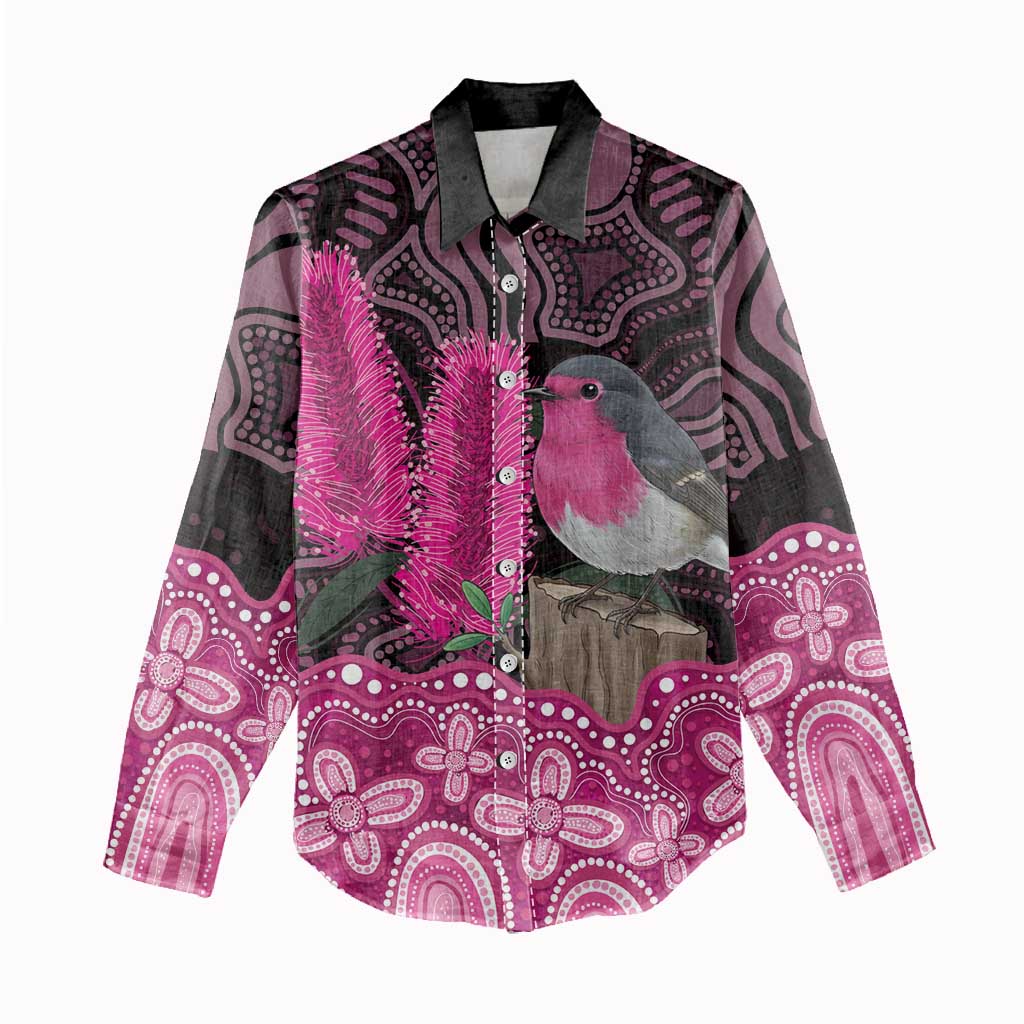 Australia Indigenous Women Casual Shirt Breast Cancer Pink Robin Bottlebrush Aboriginal Art - Aussie Hoodie