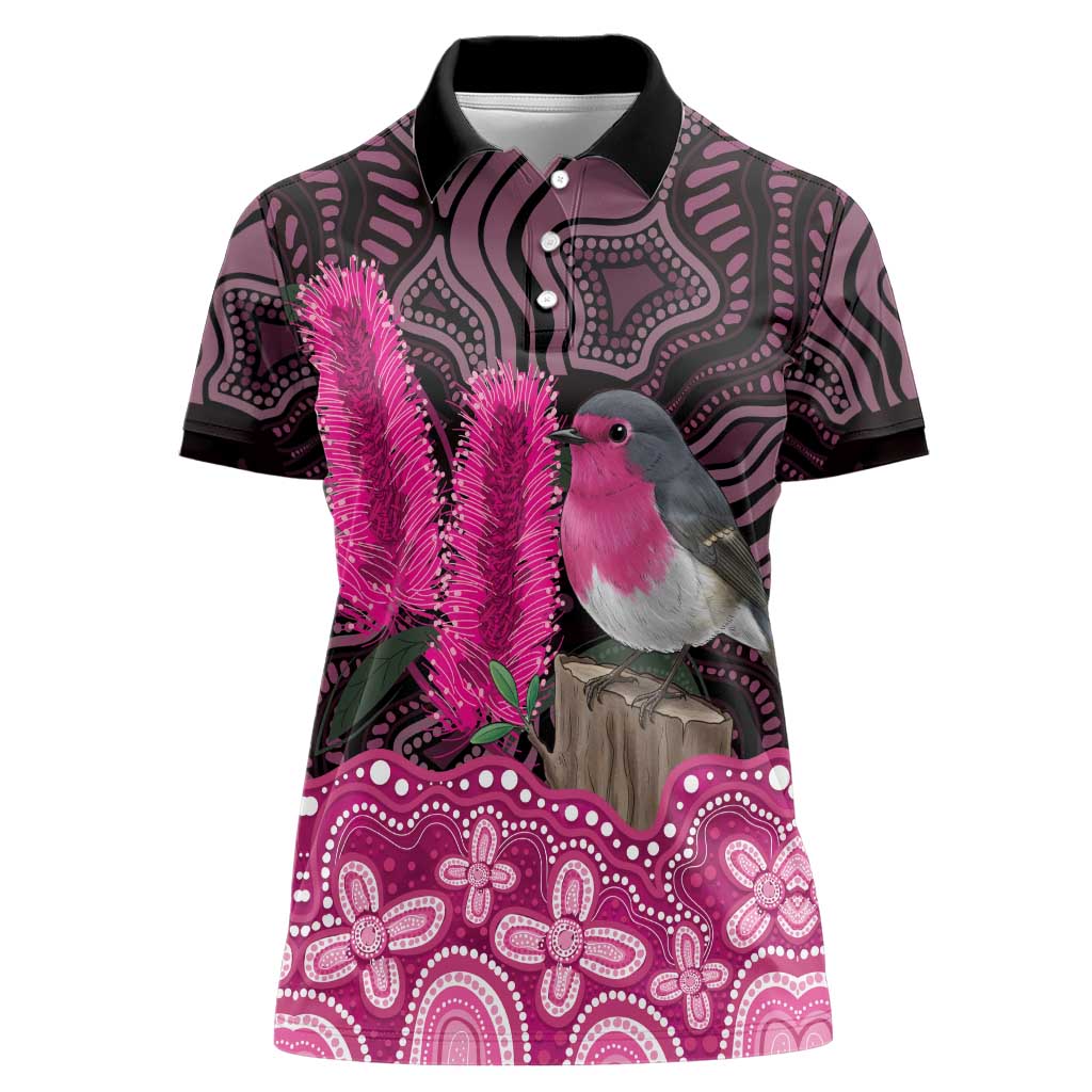 Australia Indigenous Women Polo Shirt Breast Cancer Pink Robin Bottlebrush Aboriginal Art - Aussie Hoodie