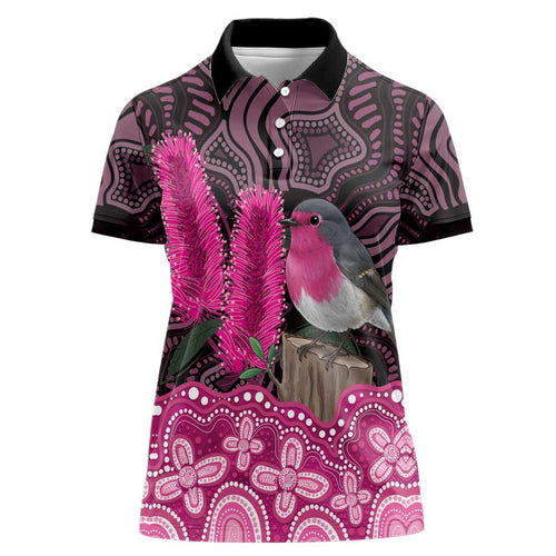 Australia Indigenous Women Polo Shirt Breast Cancer Pink Robin Bottlebrush Aboriginal Art - Aussie Hoodie