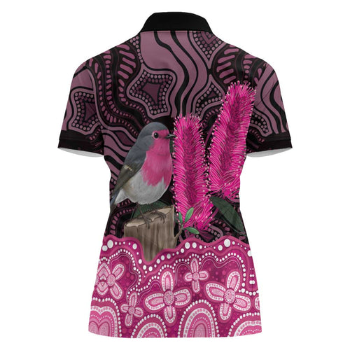 Australia Indigenous Women Polo Shirt Breast Cancer Pink Robin Bottlebrush Aboriginal Art - Aussie Hoodie