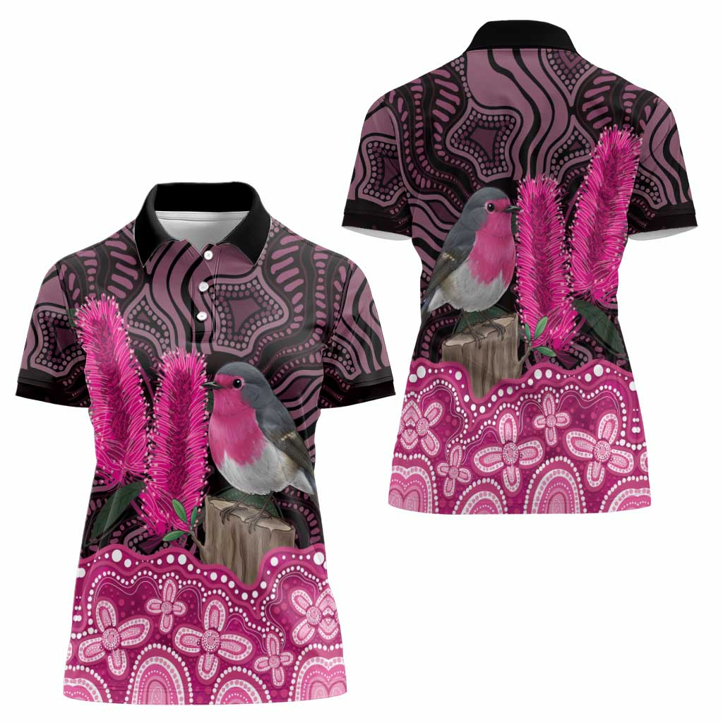 Australia Indigenous Women Polo Shirt Breast Cancer Pink Robin Bottlebrush Aboriginal Art - Aussie Hoodie