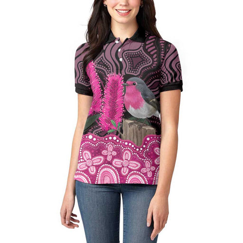 Australia Indigenous Women Polo Shirt Breast Cancer Pink Robin Bottlebrush Aboriginal Art - Aussie Hoodie