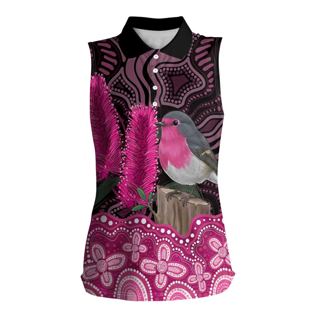 Australia Indigenous Women Sleeveless Polo Shirt Breast Cancer Pink Robin Bottlebrush Aboriginal Art - Aussie Hoodie