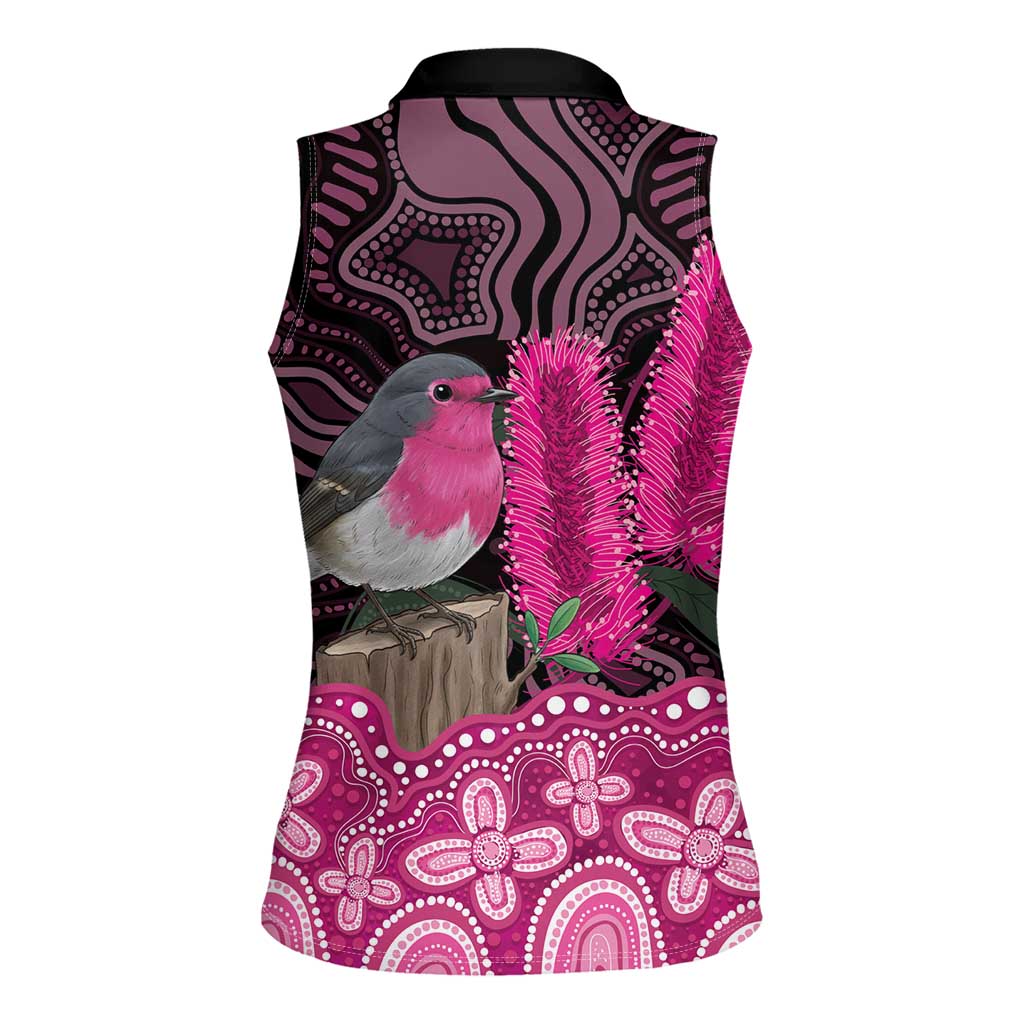 Australia Indigenous Women Sleeveless Polo Shirt Breast Cancer Pink Robin Bottlebrush Aboriginal Art - Aussie Hoodie