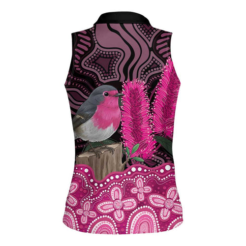 Australia Indigenous Women Sleeveless Polo Shirt Breast Cancer Pink Robin Bottlebrush Aboriginal Art - Aussie Hoodie