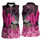 Australia Indigenous Women Sleeveless Polo Shirt Breast Cancer Pink Robin Bottlebrush Aboriginal Art - Aussie Hoodie