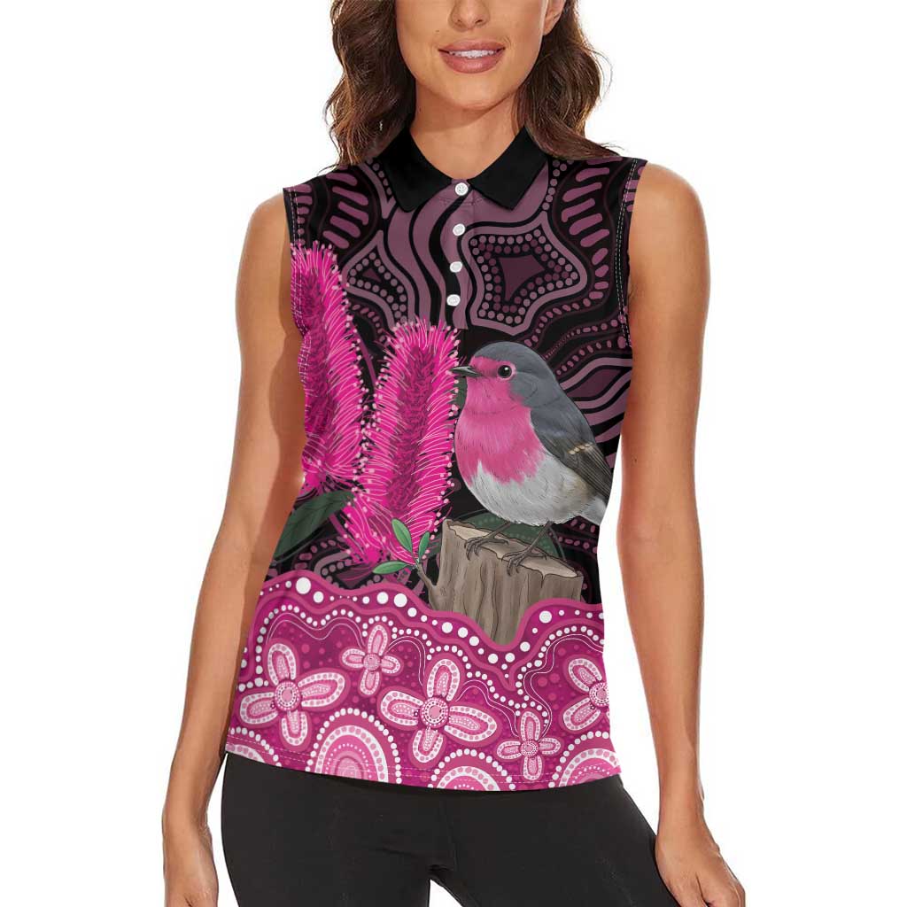Australia Indigenous Women Sleeveless Polo Shirt Breast Cancer Pink Robin Bottlebrush Aboriginal Art - Aussie Hoodie