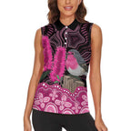 Australia Indigenous Women Sleeveless Polo Shirt Breast Cancer Pink Robin Bottlebrush Aboriginal Art - Aussie Hoodie