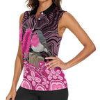Australia Indigenous Women Sleeveless Polo Shirt Breast Cancer Pink Robin Bottlebrush Aboriginal Art - Aussie Hoodie