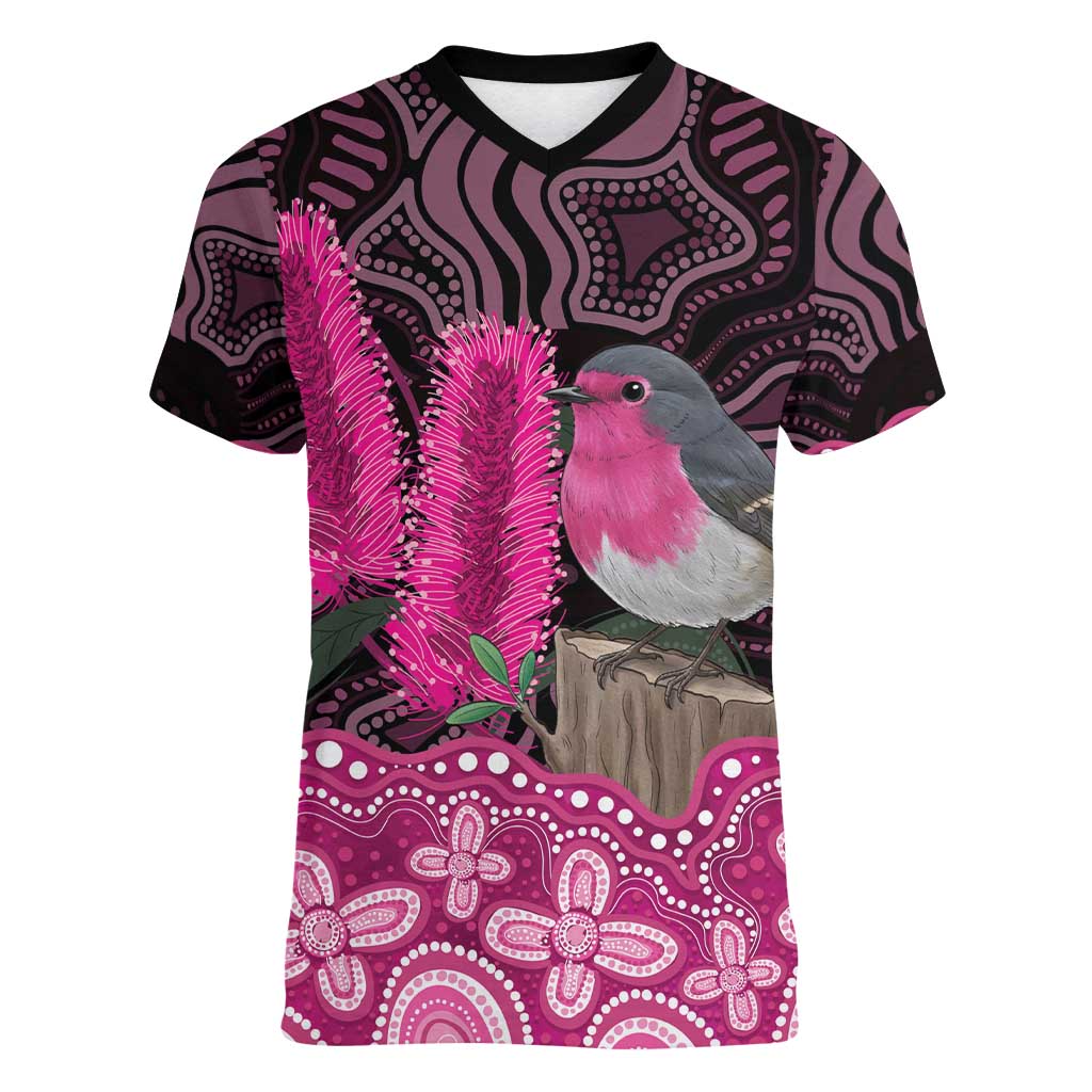Australia Indigenous Women V-Neck T-Shirt Breast Cancer Pink Robin Bottlebrush Aboriginal Art - Aussie Hoodie