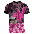 Australia Indigenous Women V-Neck T-Shirt Breast Cancer Pink Robin Bottlebrush Aboriginal Art - Aussie Hoodie