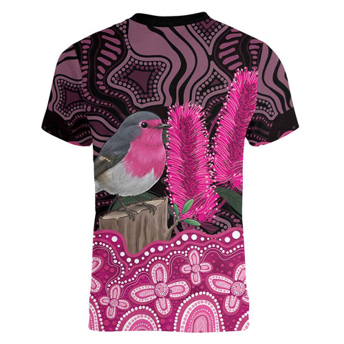 Australia Indigenous Women V-Neck T-Shirt Breast Cancer Pink Robin Bottlebrush Aboriginal Art - Aussie Hoodie