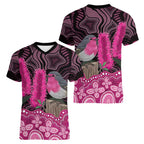 Australia Indigenous Women V-Neck T-Shirt Breast Cancer Pink Robin Bottlebrush Aboriginal Art - Aussie Hoodie