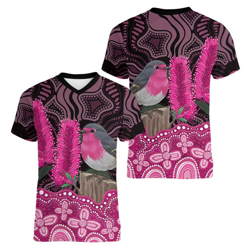 Australia Indigenous Women V-Neck T-Shirt Breast Cancer Pink Robin Bottlebrush Aboriginal Art - Aussie Hoodie