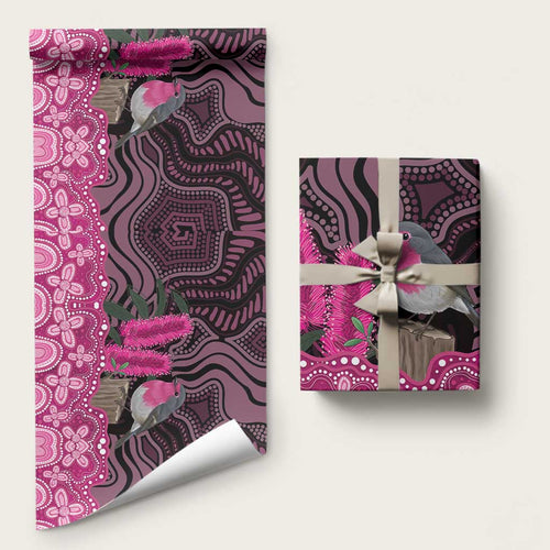 Australia Indigenous Wrapping Paper Breast Cancer Pink Robin Bottlebrush Aboriginal Art - Aussie Hoodie