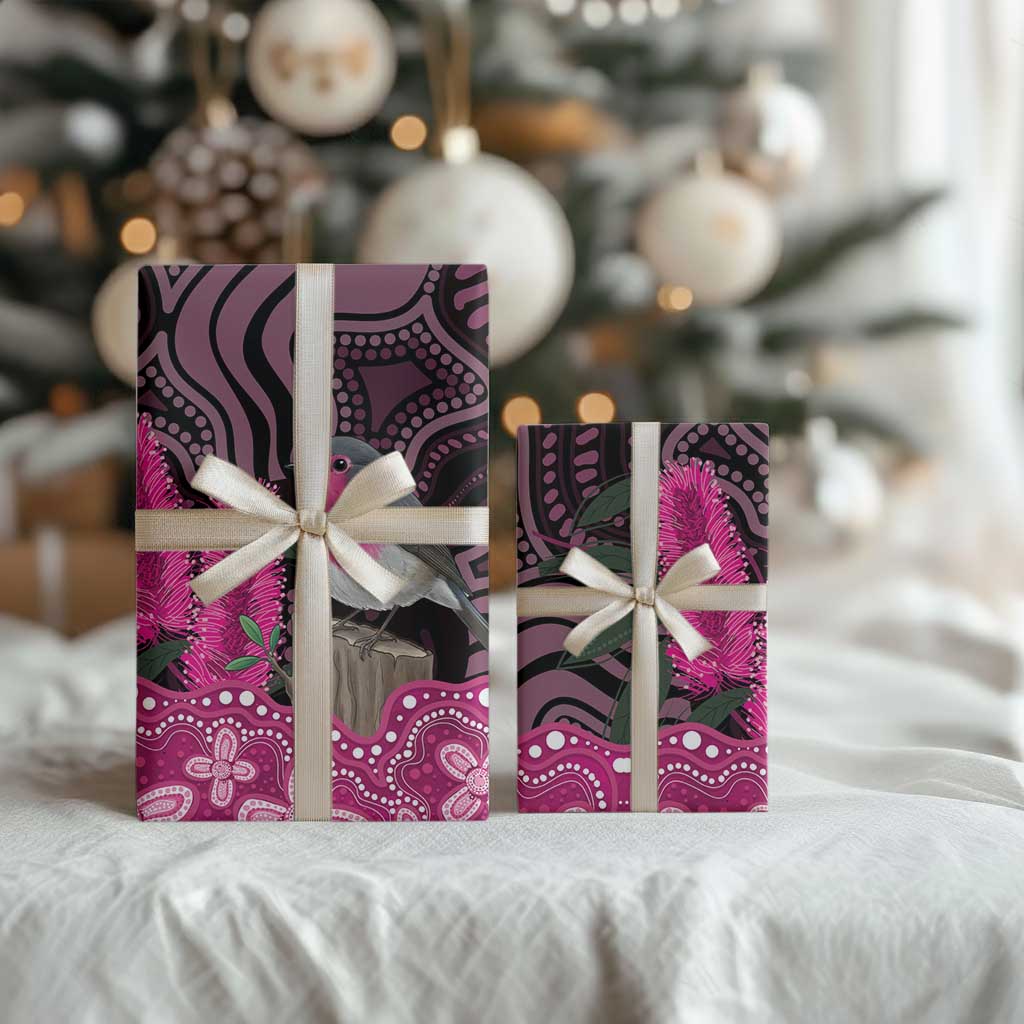 Australia Indigenous Wrapping Paper Breast Cancer Pink Robin Bottlebrush Aboriginal Art - Aussie Hoodie