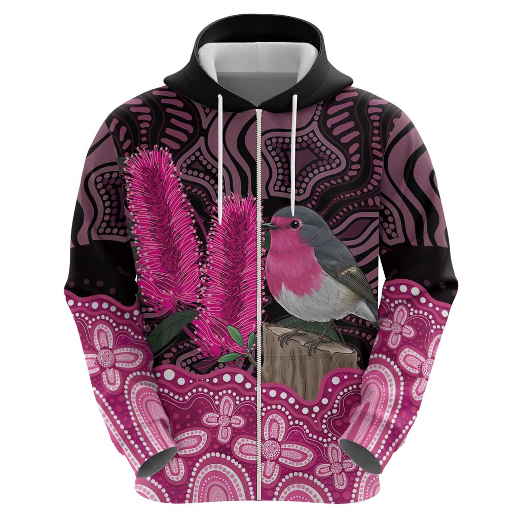 Australia Indigenous Zip Hoodie Breast Cancer Pink Robin Bottlebrush Aboriginal Art - Aussie Hoodie