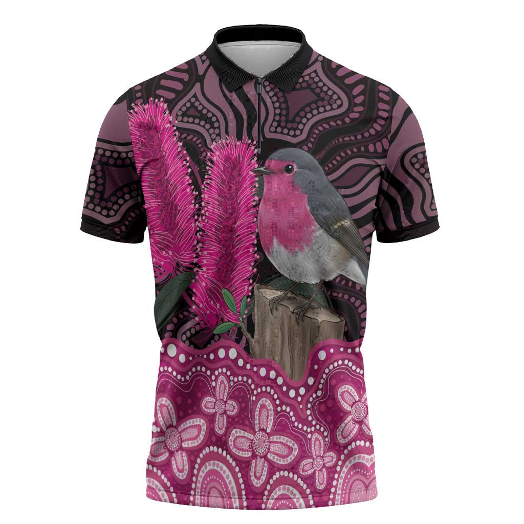 Australia Indigenous Zipper Polo Shirt Breast Cancer Pink Robin Bottlebrush Aboriginal Art - Aussie Hoodie