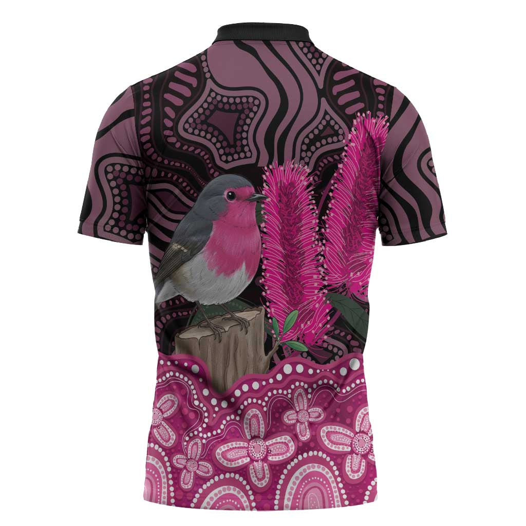 Australia Indigenous Zipper Polo Shirt Breast Cancer Pink Robin Bottlebrush Aboriginal Art - Aussie Hoodie
